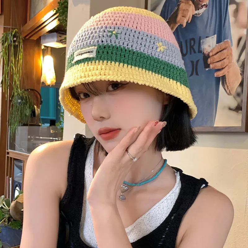 Sweet And Cute Striped Fisherman Hat For Women on Vacation, Contrasting Flower Shaped Large Brim Basin Hat, Sun Hat