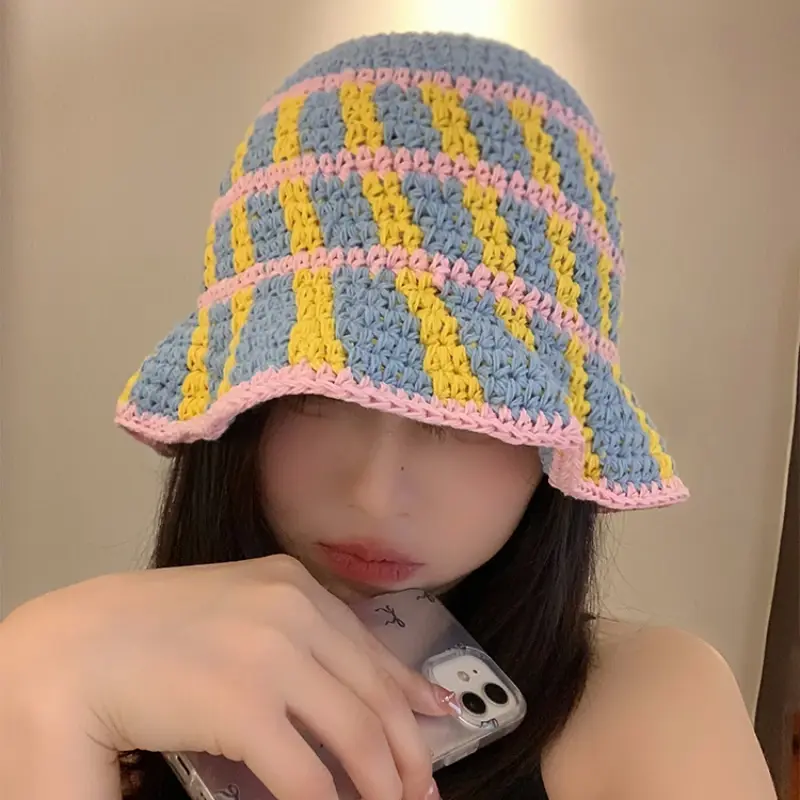 Japanese Niche Design Handmade Knitted Basin Caps Women Spring and Summer Travel Versatile Sunscreen Breathable Bucket Hats