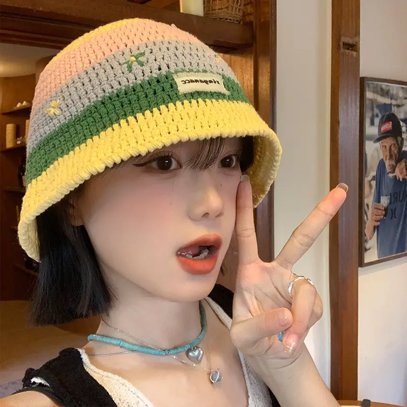 Sweet And Cute Striped Fisherman Hat For Women on Vacation, Contrasting Flower Shaped Large Brim Basin Hat, Sun Hat
