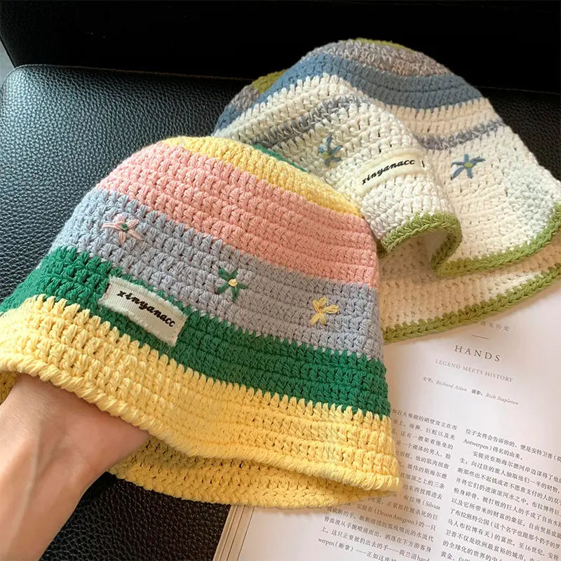 Sweet And Cute Striped Fisherman Hat For Women on Vacation, Contrasting Flower Shaped Large Brim Basin Hat, Sun Hat