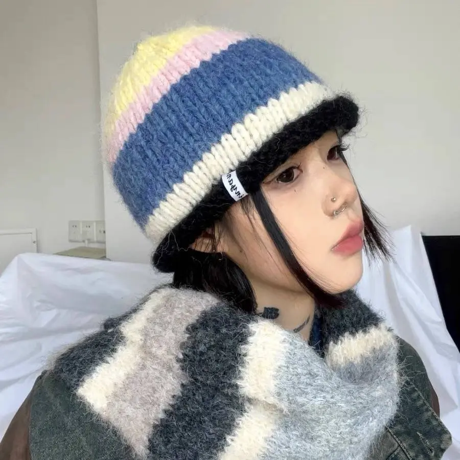 Korean Version Playful Rolled Edge Striped Knitted Hat For Women In Autumn And Winter, Warm Ear Protection, Cold Hat, Woolen Hat