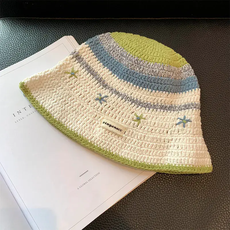 Sweet And Cute Striped Fisherman Hat For Women on Vacation, Contrasting Flower Shaped Large Brim Basin Hat, Sun Hat