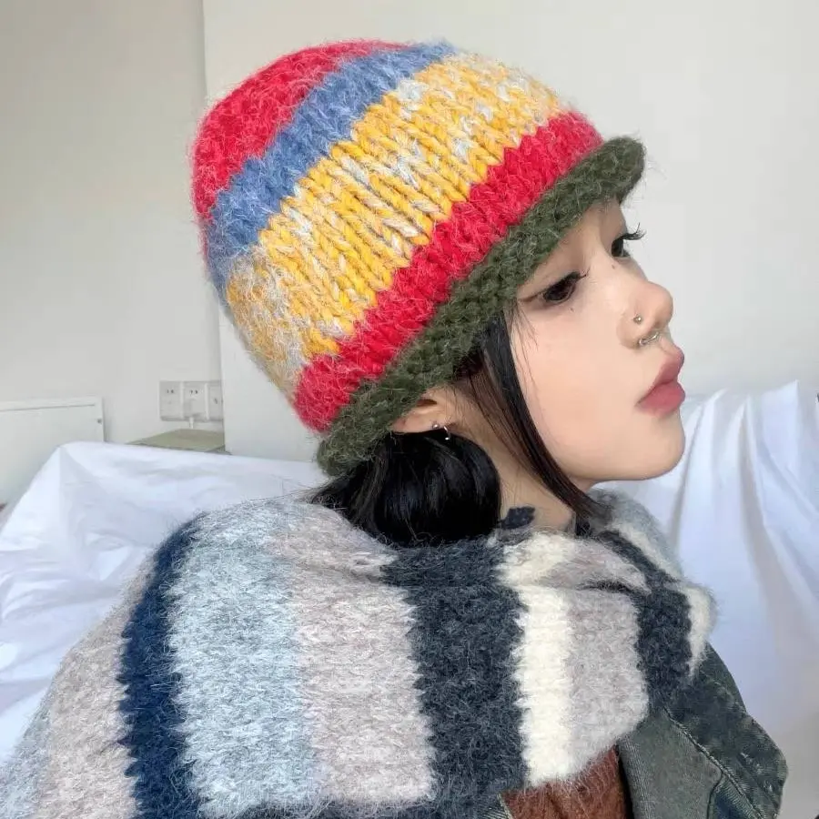 Korean Version Playful Rolled Edge Striped Knitted Hat For Women In Autumn And Winter, Warm Ear Protection, Cold Hat, Woolen Hat