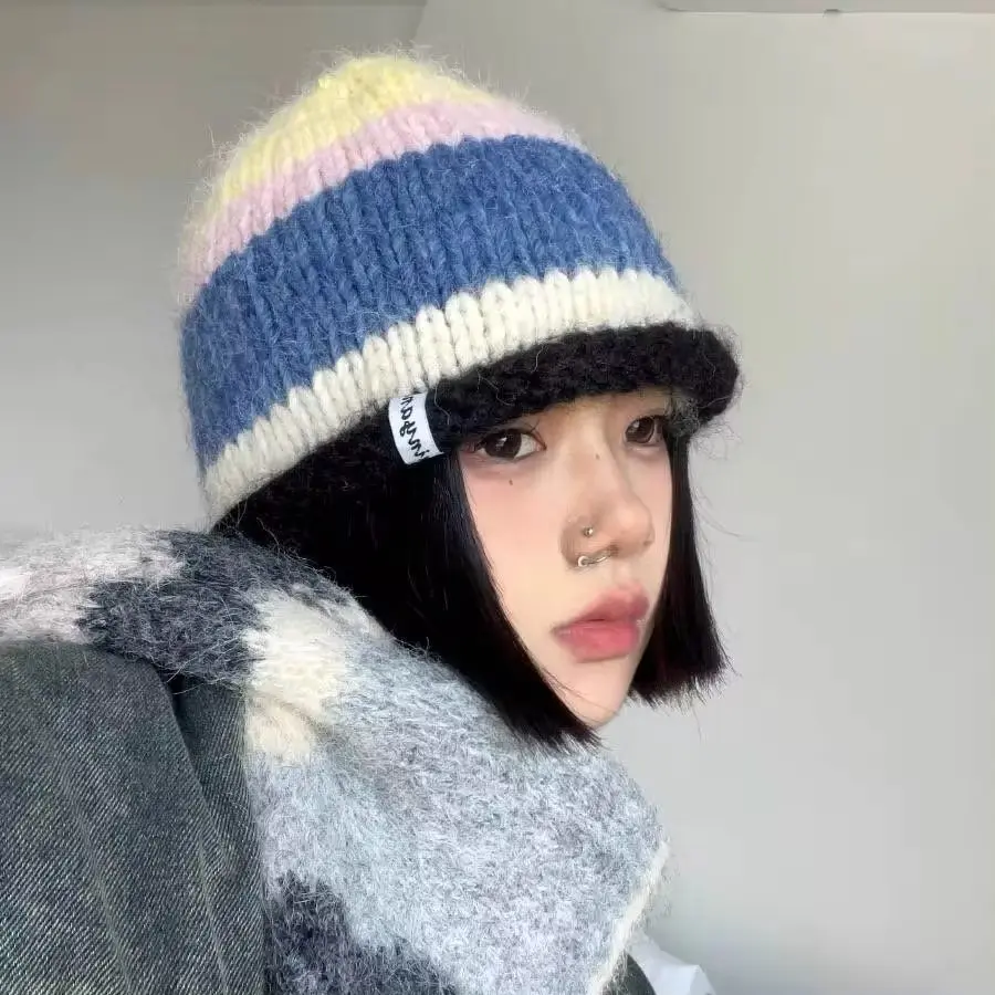 Korean Version Playful Rolled Edge Striped Knitted Hat For Women In Autumn And Winter, Warm Ear Protection, Cold Hat, Woolen Hat