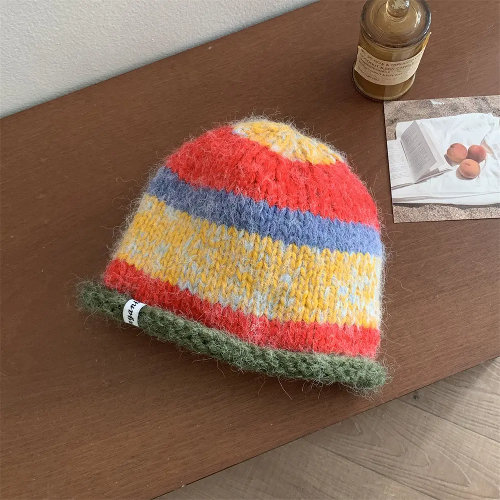 Korean Version Playful Rolled Edge Striped Knitted Hat For Women In Autumn And Winter, Warm Ear Protection, Cold Hat, Woolen Hat
