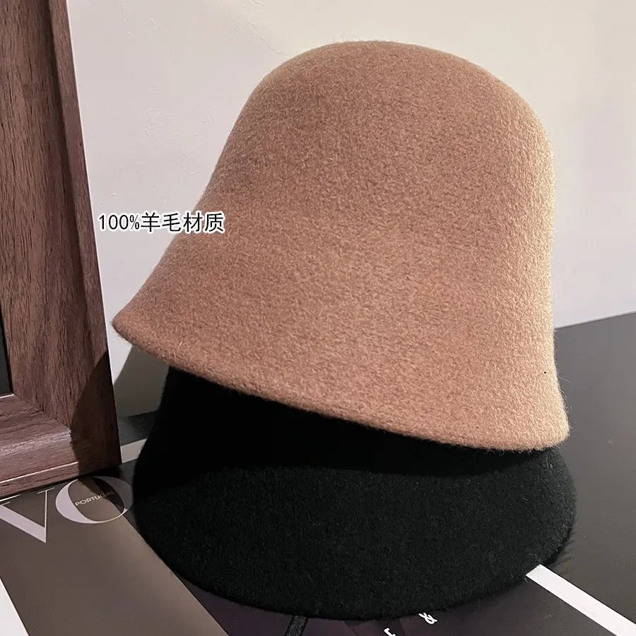 2024 New 100% Wool Bucket Fisherman Hat Autumn/Winter Japanese Fashion Round Top Retro Versatile Bowl Hat