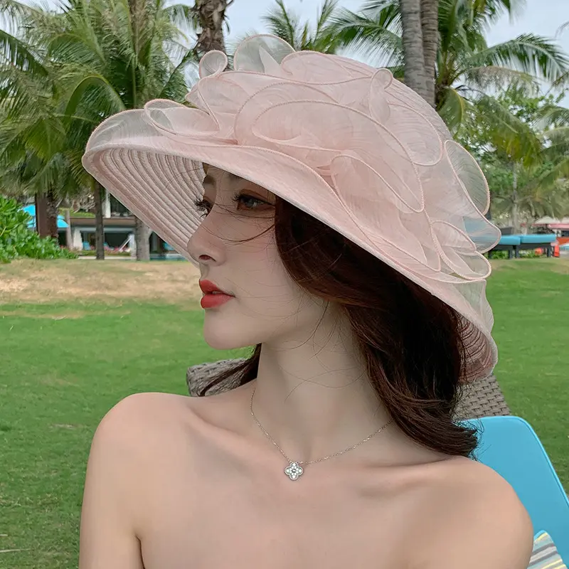 Summer New Women's Eugenia Flower Big Beach Hat Outdoor Sunshade and Sunscreen Tourism Mesh Fisherman Hat