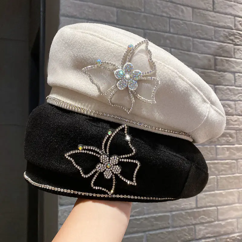 Fashionable Women's Hat, New Water Diamond Butterfly Woolen Hat for Spring and Autumn, Versatile and Elegant Retro Painter Hat