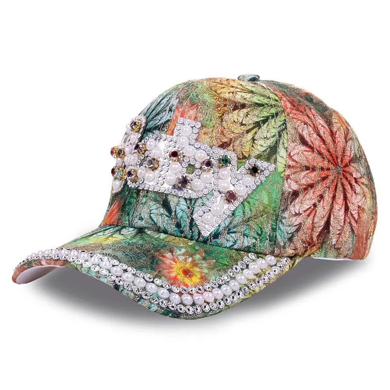 New Fashion Women Multicolor Printing Baseball Cap Bling Pearl Decoration Casual Caps Adjustable Outdoor Summer Hats