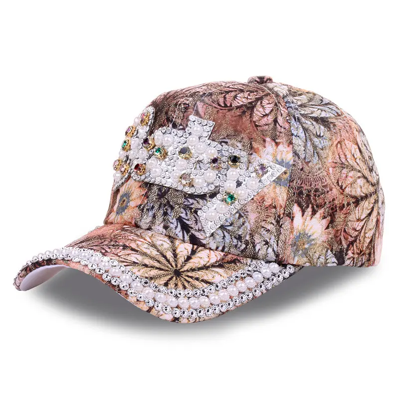 New Fashion Women Multicolor Printing Baseball Cap Bling Pearl Decoration Casual Caps Adjustable Outdoor Summer Hats