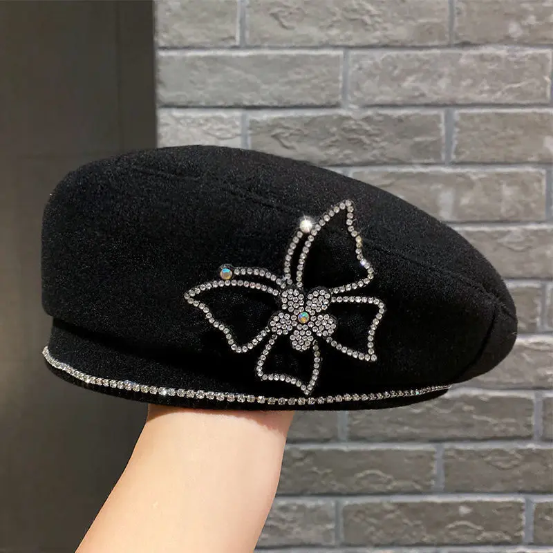 Fashionable Women's Hat, New Water Diamond Butterfly Woolen Hat for Spring and Autumn, Versatile and Elegant Retro Painter Hat