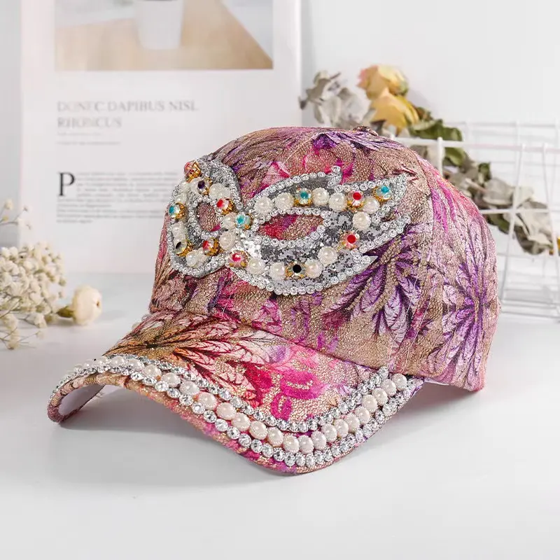 New Fashion Women Multicolor Printing Baseball Cap Bling Pearl Decoration Casual Caps Adjustable Outdoor Summer Hats