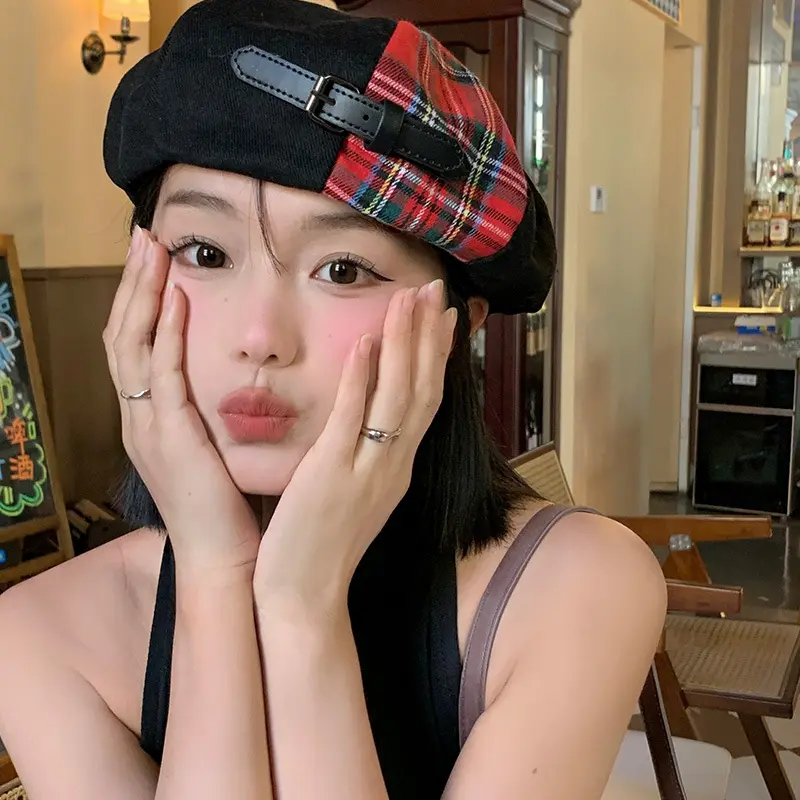 Korean Version Of Fashionable Belt Buckle Color Matching Beret Children's Spring/Summer Retro British Plaid Painter Pumpkin Hat