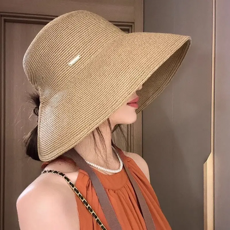 2025 New Spring/Summer Super Large Lampshade Straw Hat with Strap and Large brimmed Hat Can Tie Ponytail to Cover Face Sun Hat