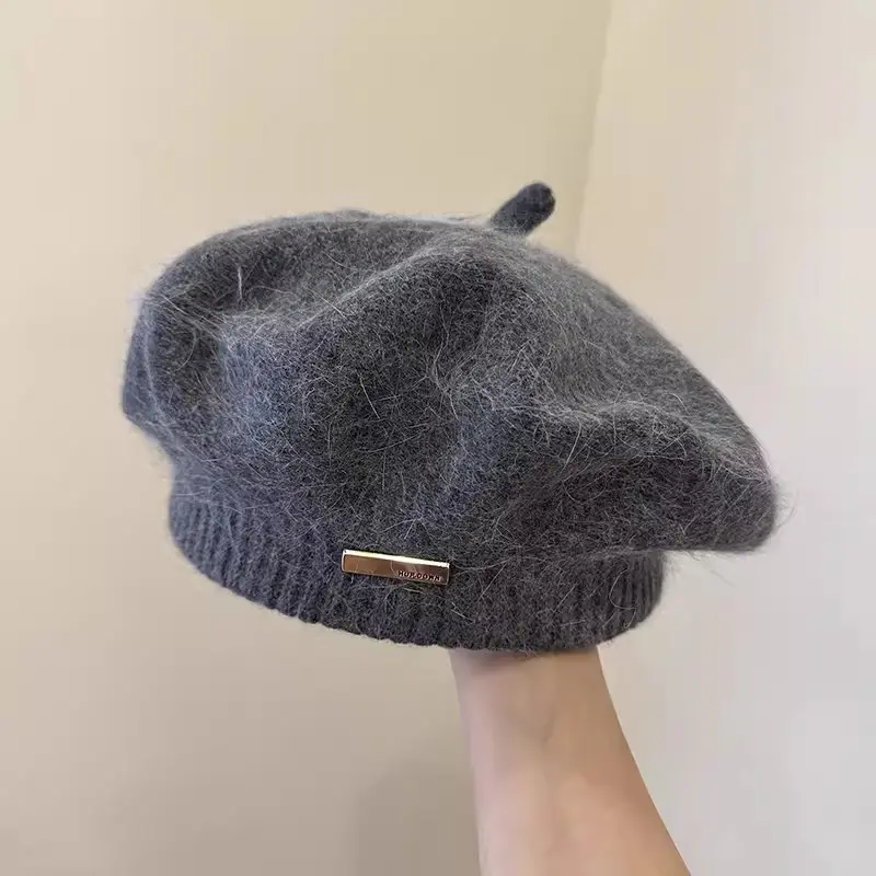 Korean Version Simple Real Rabbit Fur Beret Versatile For Autumn And Winter, Out Of The Street, Bud Knitted Artist Hat