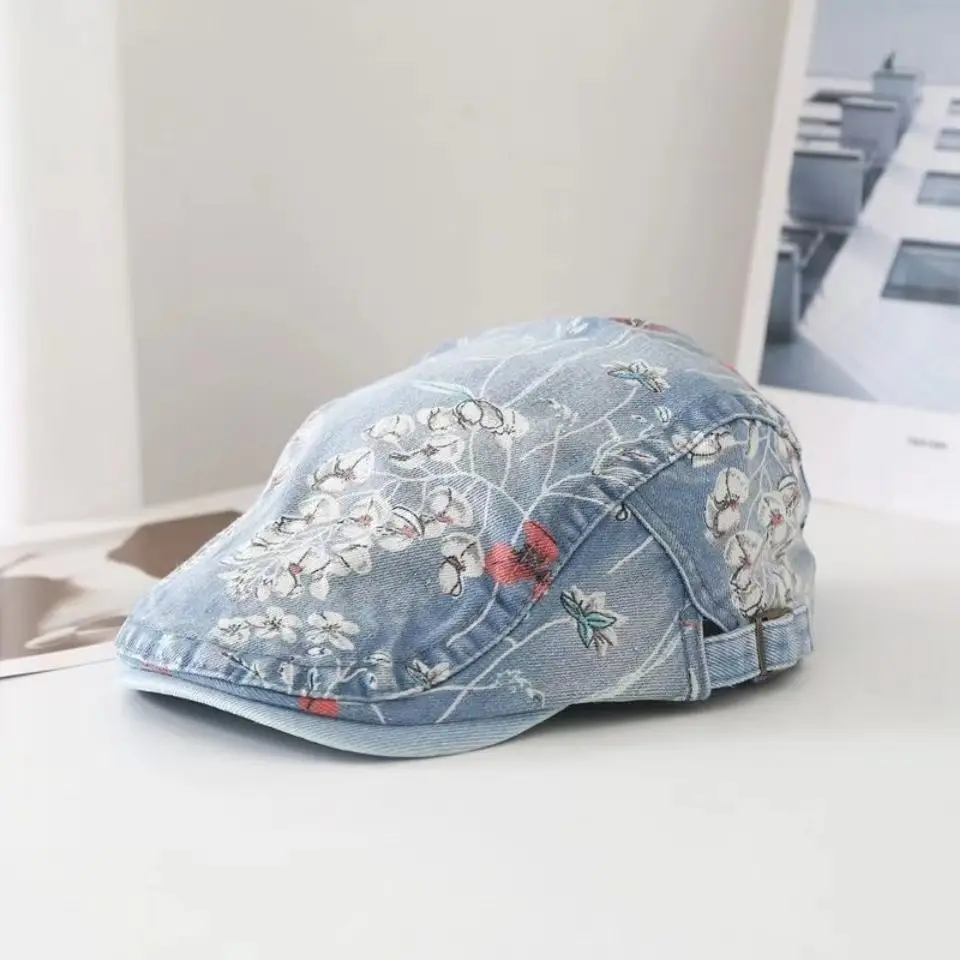 2022 Four Seasons New Cowboy Printing Newsboy Cap Men's Washed Flat Cap Female Painter's Beret
