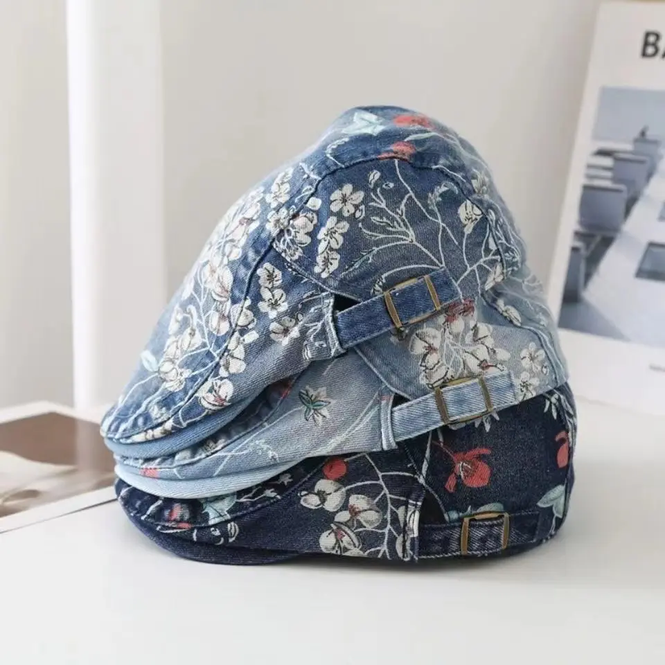 2022 Four Seasons New Cowboy Printing Newsboy Cap Men's Washed Flat Cap Female Painter's Beret