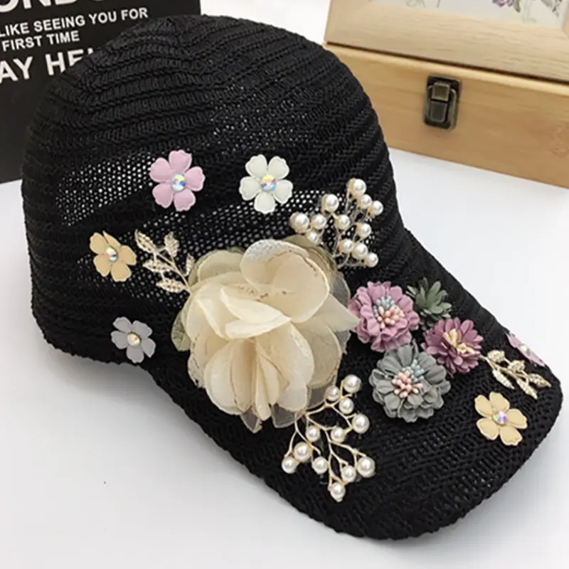 Women's Summer Rose Baseball Cap Snapback Fashion Hot Rhinestone Pearl Cap Ladies Casual Breathable Visor Cap