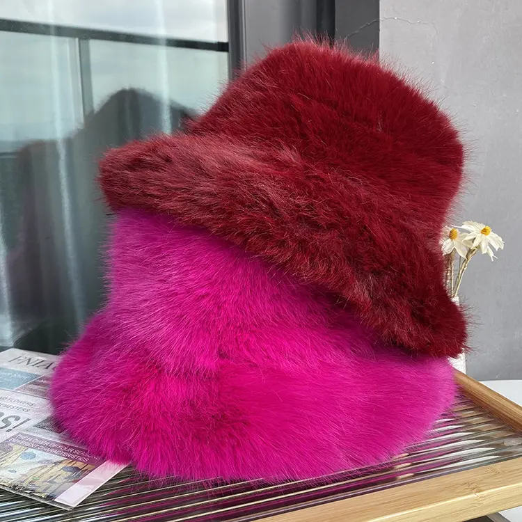 2024 Big Fluffy Faux Fur Bucket Hat for Women Luxury Plush Fisherman Hat Warm Winter Hat Thicken Cold Snowy Day Panama Cap