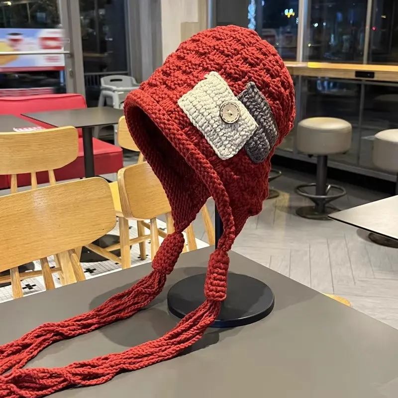 Korean Version Tassel Lei Feng Hat, Autumn And Winter Handcrafted Knitted Hat cover, Wool Hat, Versatile Ear Protection Hat