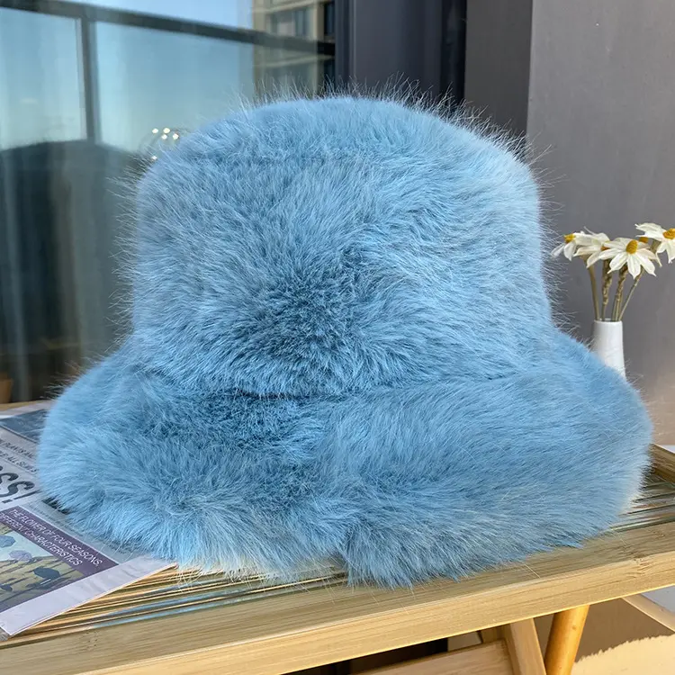 2024 Big Fluffy Faux Fur Bucket Hat for Women Luxury Plush Fisherman Hat Warm Winter Hat Thicken Cold Snowy Day Panama Cap