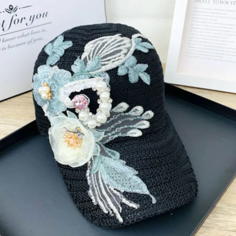 Women's Summer Rose Baseball Cap Snapback Fashion Hot Rhinestone Pearl Cap Ladies Casual Breathable Visor Cap