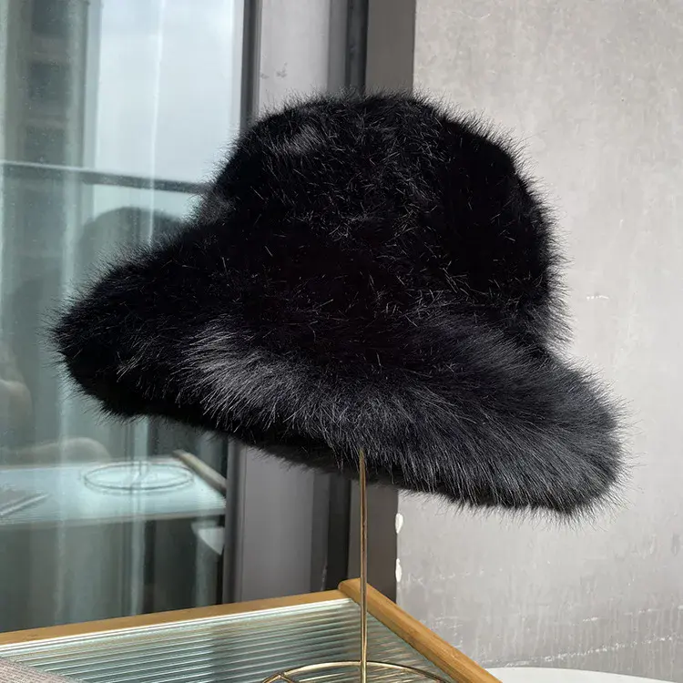 2024 Big Fluffy Faux Fur Bucket Hat for Women Luxury Plush Fisherman Hat Warm Winter Hat Thicken Cold Snowy Day Panama Cap