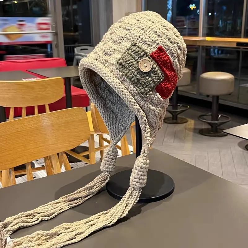 Korean Version Tassel Lei Feng Hat, Autumn And Winter Handcrafted Knitted Hat cover, Wool Hat, Versatile Ear Protection Hat