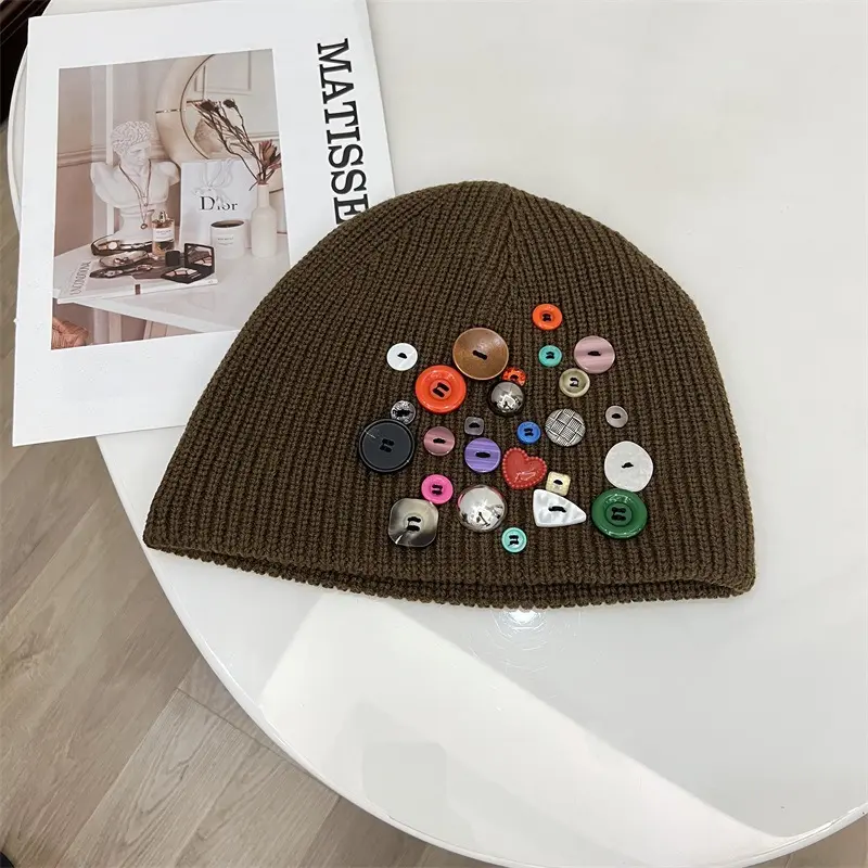 Korean Designer Colorful Button Beanies Wool Hat Women's Autumn Winter Trendy Street Knitted Hat Personality Cold Cap