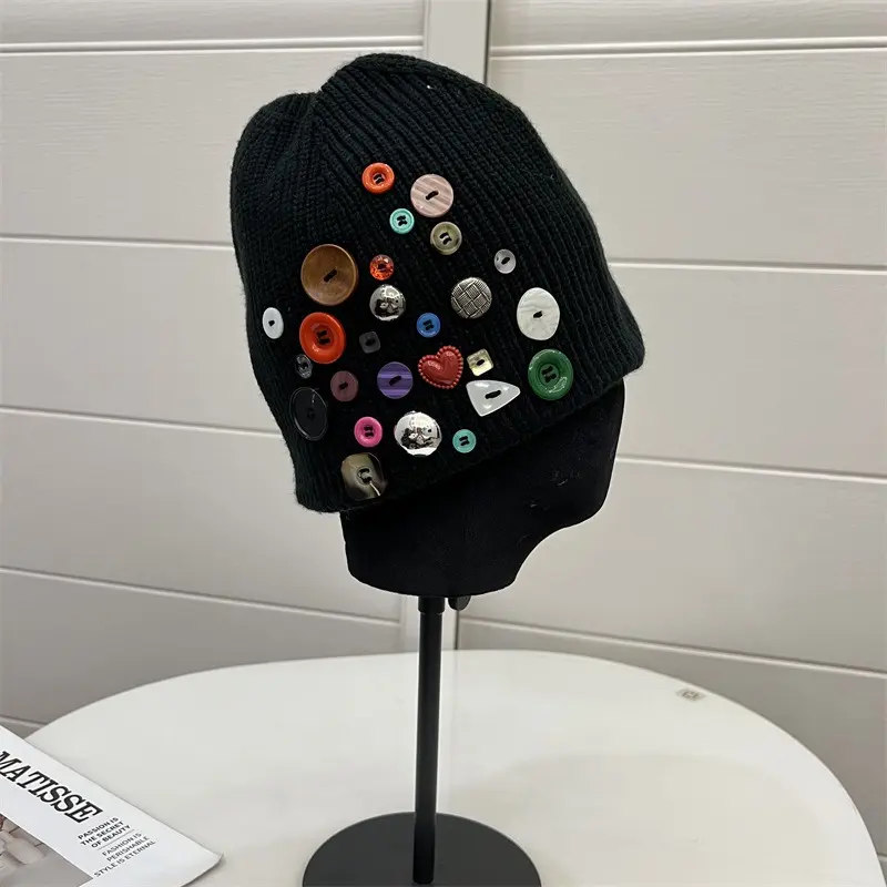Korean Designer Colorful Button Beanies Wool Hat Women's Autumn Winter Trendy Street Knitted Hat Personality Cold Cap