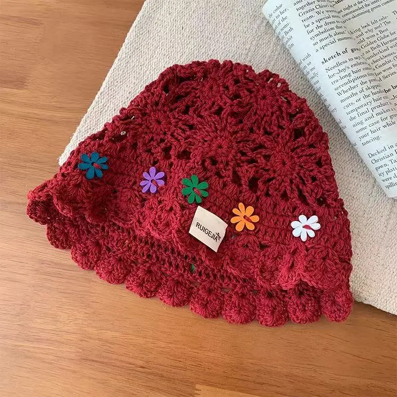 Korean Handmade Bucket Hat Flower Decoration Knitted Hollow Basin Hat Women's Summer Thin Breathable Sun Hat