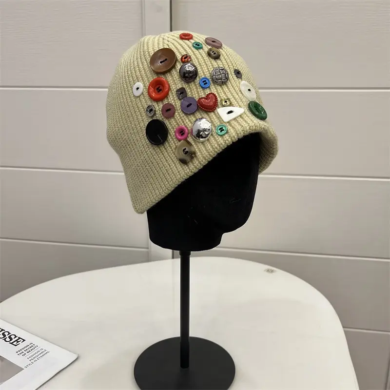 Korean Designer Colorful Button Beanies Wool Hat Women's Autumn Winter Trendy Street Knitted Hat Personality Cold Cap