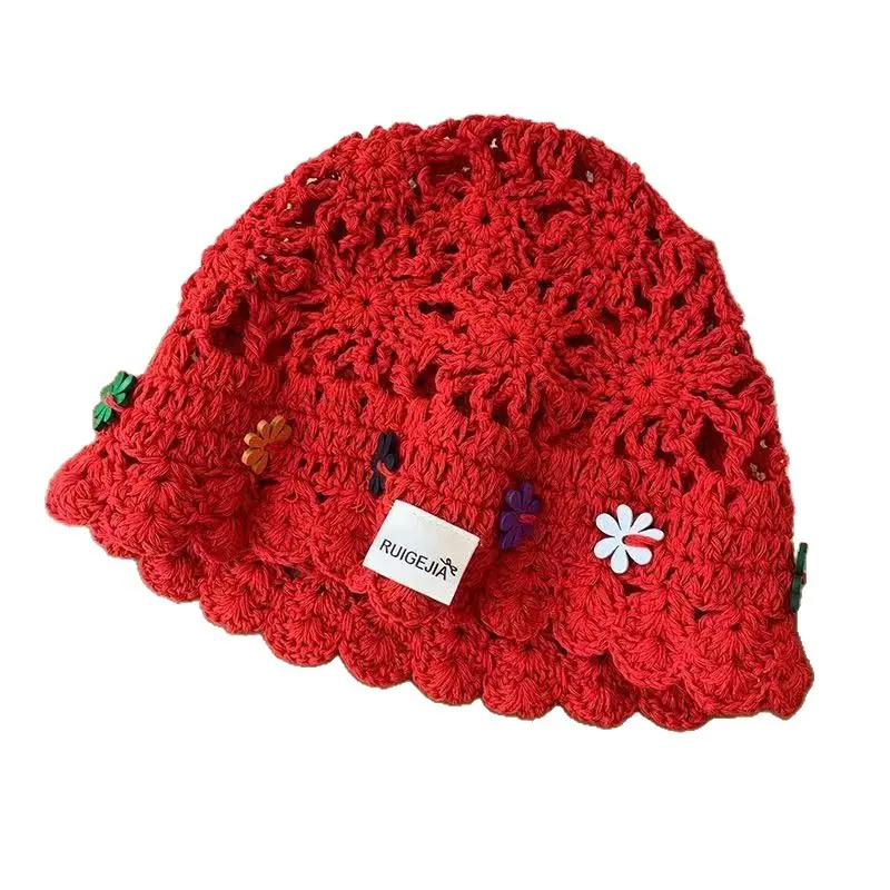 Korean Handmade Bucket Hat Flower Decoration Knitted Hollow Basin Hat Women's Summer Thin Breathable Sun Hat