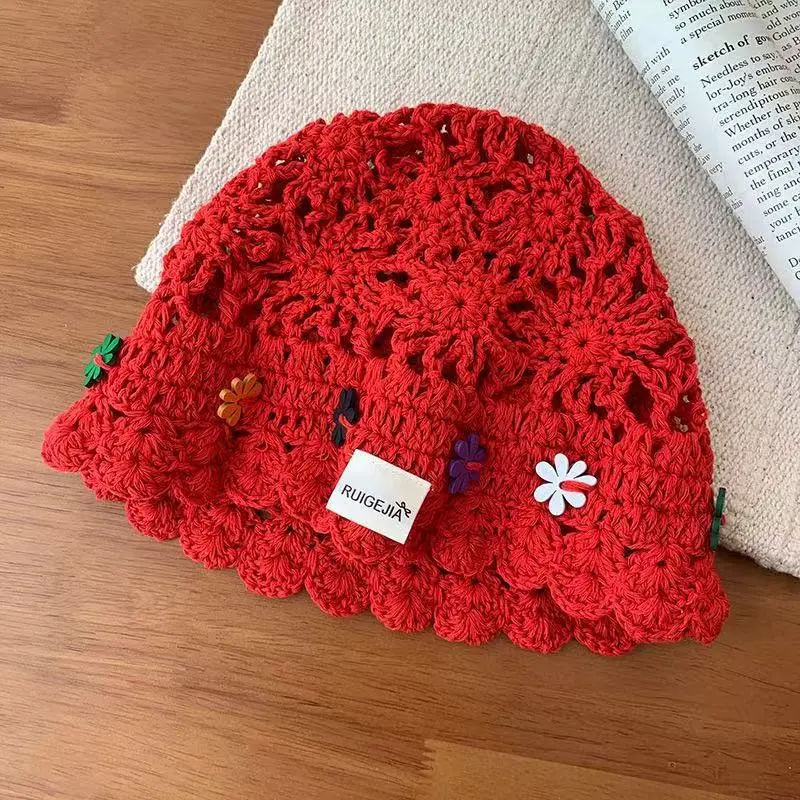 Korean Handmade Bucket Hat Flower Decoration Knitted Hollow Basin Hat Women's Summer Thin Breathable Sun Hat