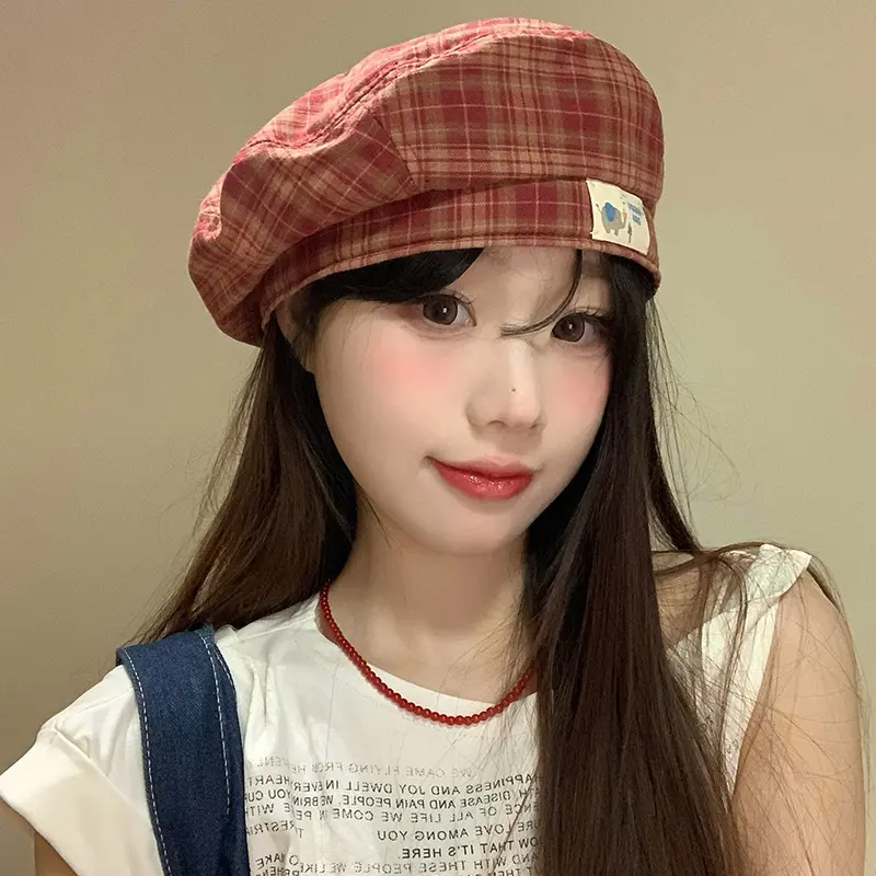 Japanese Retro Checkered Beret Women's Korean Versatile Octagonal Hat Big Head Circumference Highlights Face Small Artist Hat
