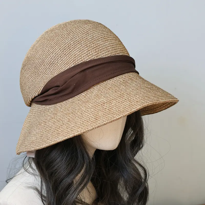 Japanese Elegant Pleated Double Bow Fine Woven Fisherman Hat Women's Summer Beach Straw Hat Travel Sun Hat