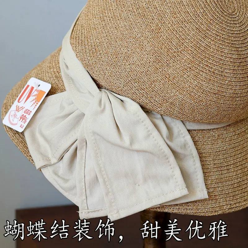 Japanese Elegant Pleated Double Bow Fine Woven Fisherman Hat Women's Summer Beach Straw Hat Travel Sun Hat