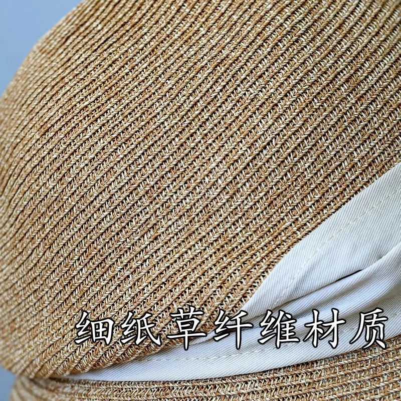 Japanese Elegant Pleated Double Bow Fine Woven Fisherman Hat Women's Summer Beach Straw Hat Travel Sun Hat