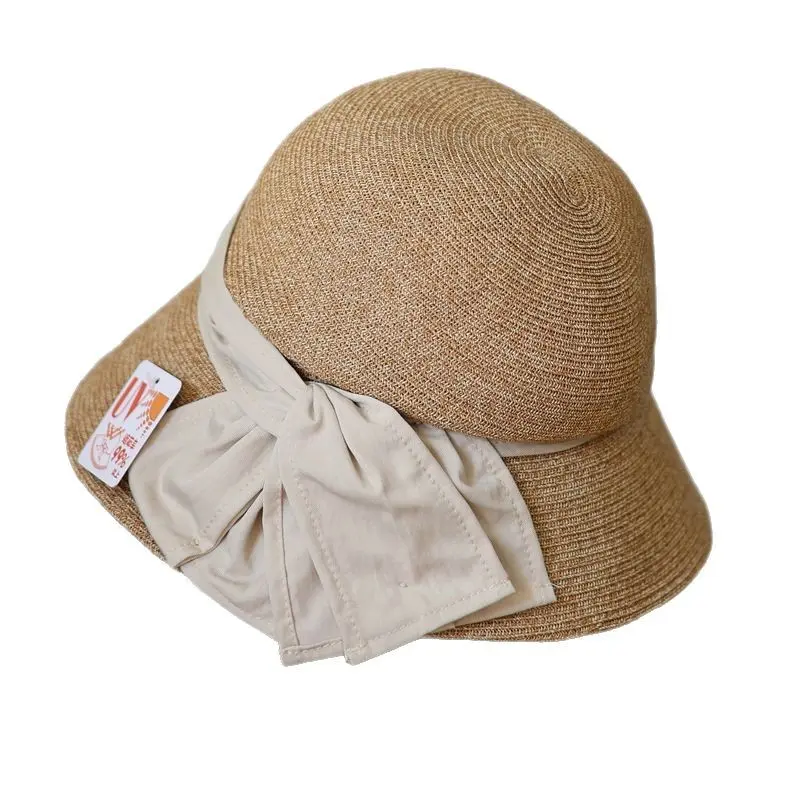 Japanese Elegant Pleated Double Bow Fine Woven Fisherman Hat Women's Summer Beach Straw Hat Travel Sun Hat