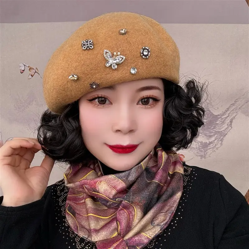 Berets, High-End And Elegant Western Style Hats, Fashionable And Versatile, Trendy New Round Top Woolen Woolen Artist Hat