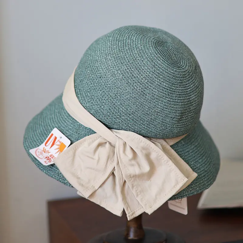 Japanese Elegant Pleated Double Bow Fine Woven Fisherman Hat Women's Summer Beach Straw Hat Travel Sun Hat