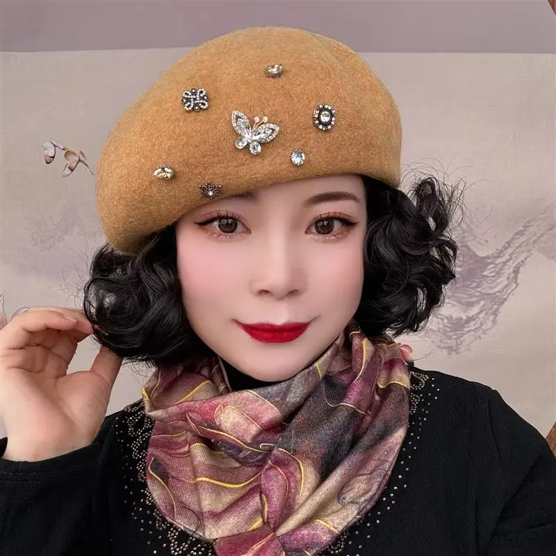 Berets, High-End And Elegant Western Style Hats, Fashionable And Versatile, Trendy New Round Top Woolen Woolen Artist Hat
