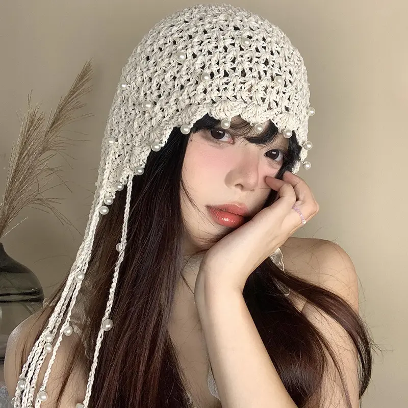 Hollow Out Pearl Tassel Pendant Headband Hat For Women, Summer Ethnic Style Knitted Pullover hat, Retro Face Enhancing Small Hat