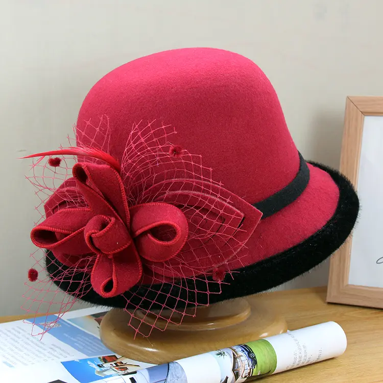 New British Style Top Hat for Women in Autumn and Winter, Woolen Mesh, Leaf Flower Pot Hat, Retro Felt Hat