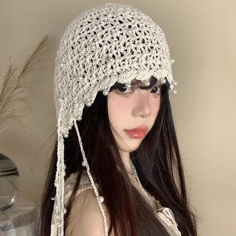 Hollow Out Pearl Tassel Pendant Headband Hat For Women, Summer Ethnic Style Knitted Pullover hat, Retro Face Enhancing Small Hat