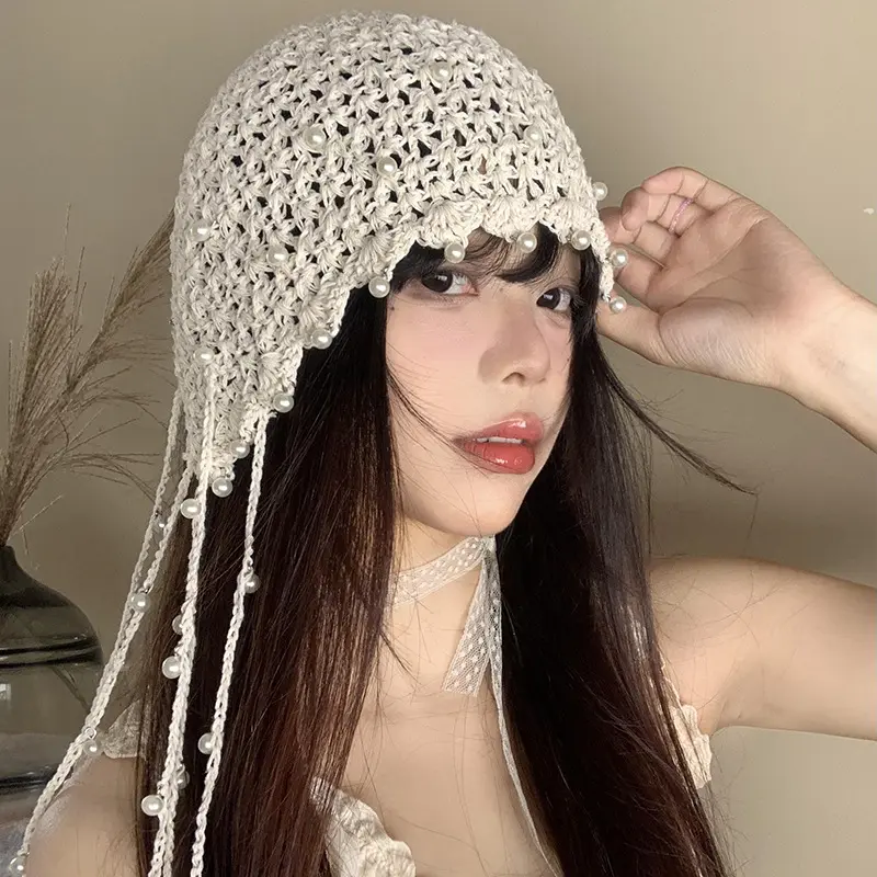 Hollow Out Pearl Tassel Pendant Headband Hat For Women, Summer Ethnic Style Knitted Pullover hat, Retro Face Enhancing Small Hat