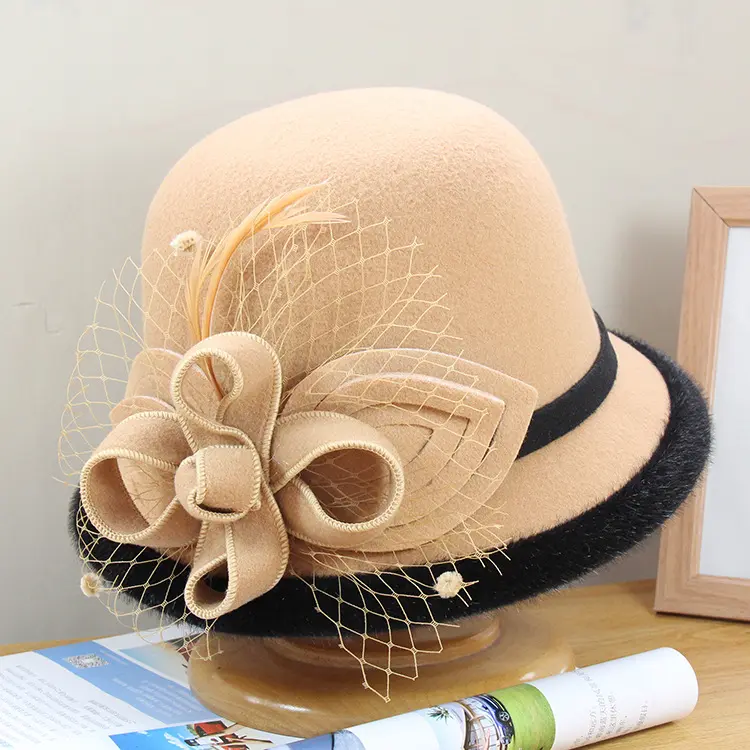 New British Style Top Hat for Women in Autumn and Winter, Woolen Mesh, Leaf Flower Pot Hat, Retro Felt Hat