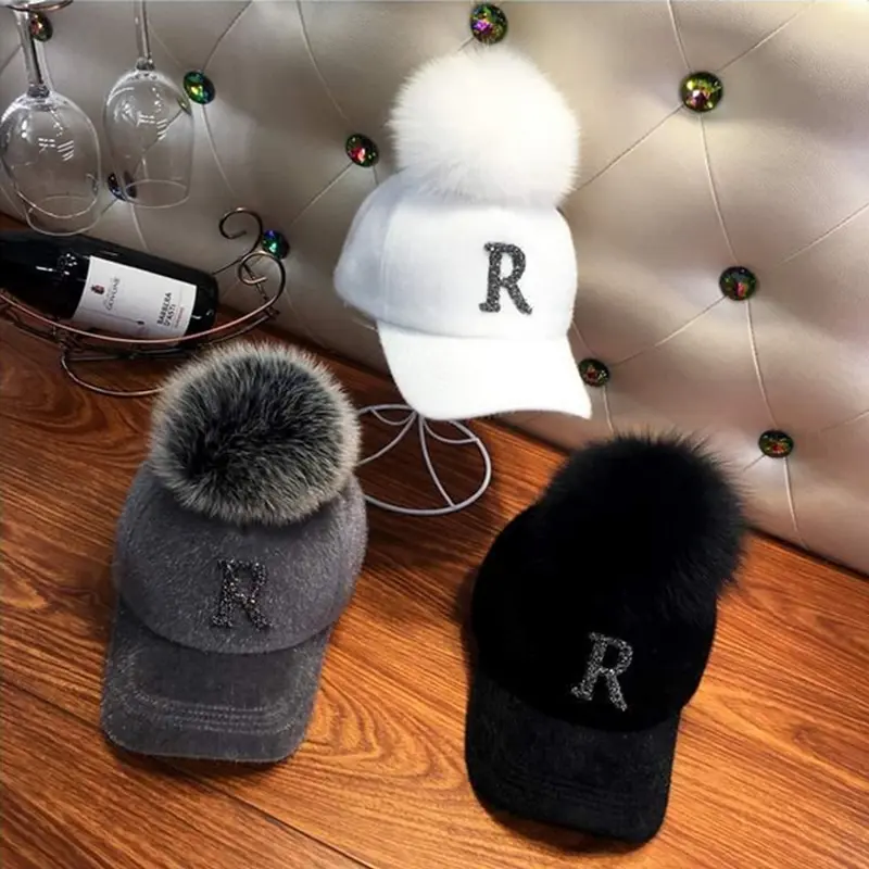 Autumn Winter Warm Baseball Cap Women Rhinestone Letter Pompom Hip Hop Caps Ladies Girls Fur Ball Casual Sun Hats