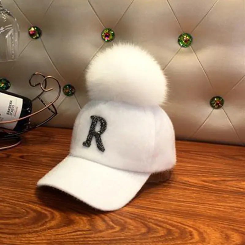 Autumn Winter Warm Baseball Cap Women Rhinestone Letter Pompom Hip Hop Caps Ladies Girls Fur Ball Casual Sun Hats