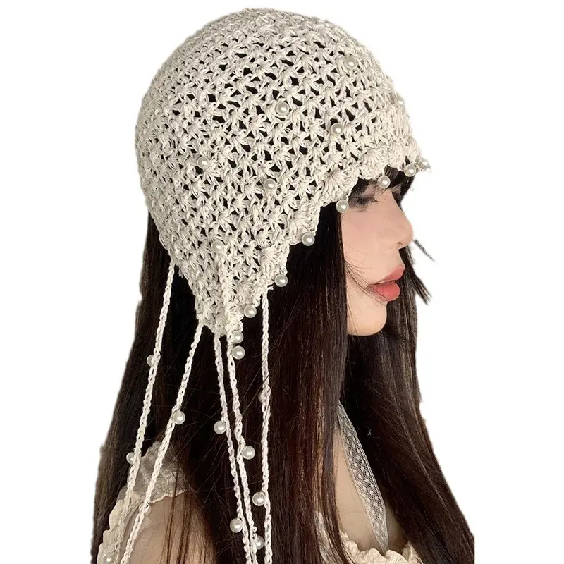 Hollow Out Pearl Tassel Pendant Headband Hat For Women, Summer Ethnic Style Knitted Pullover hat, Retro Face Enhancing Small Hat